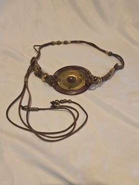 Brown Leather Waist Belt with Brass Accent and Center Gem